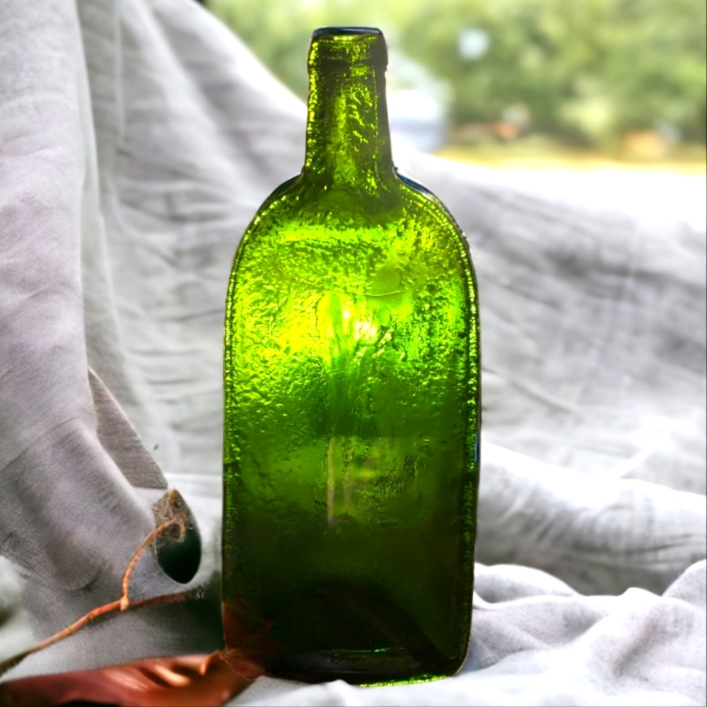 Vtg Green Glass Flat Wine Bottle Shaped Cheese Tray Decor Spoon Holder